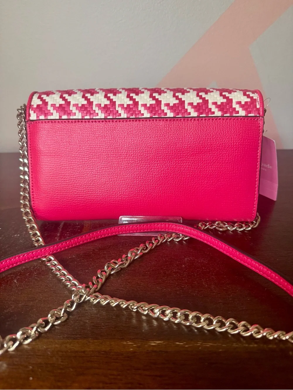 kate spade Pink & White Woven Crossbody Wallet with Gold Chain